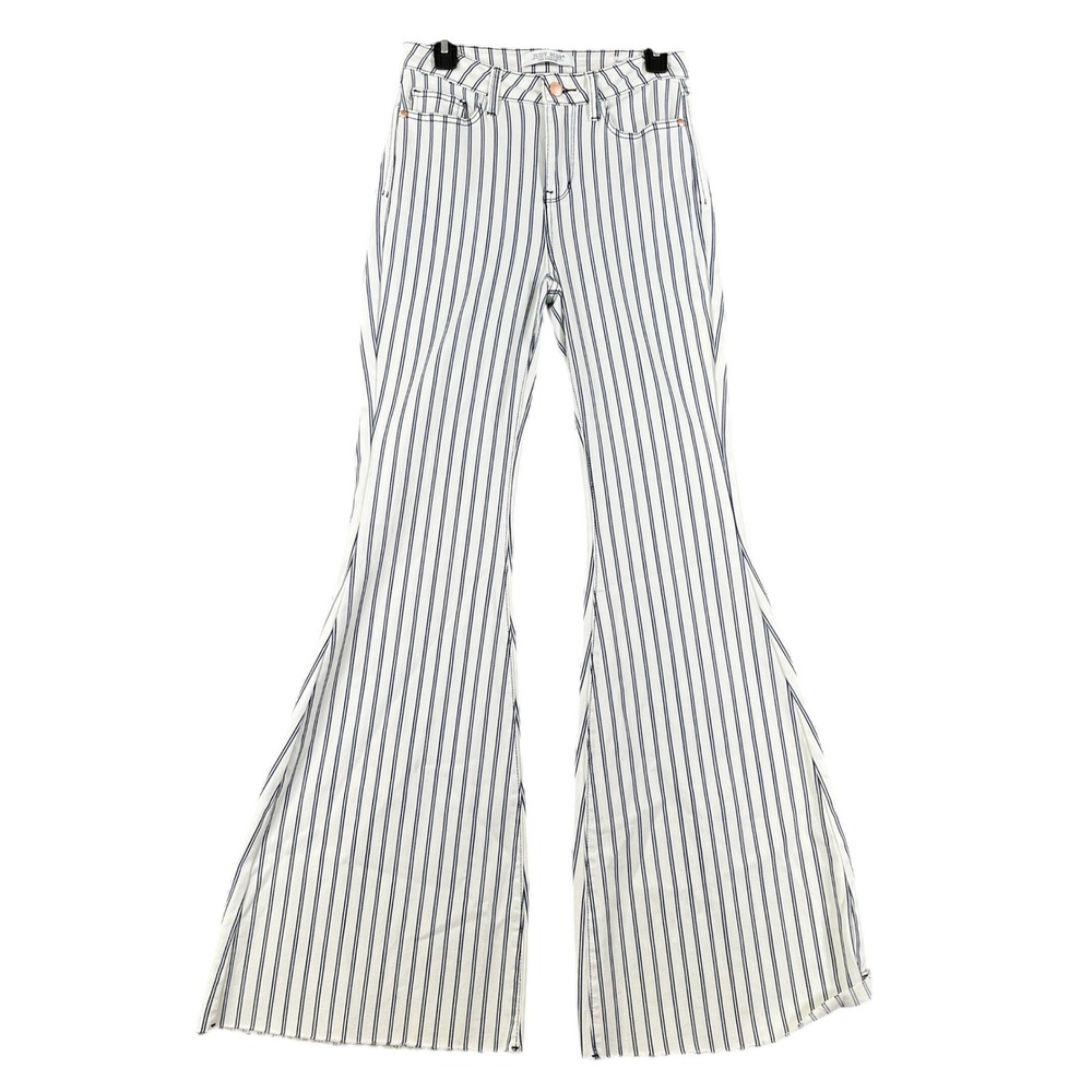 Judy Blue Super Flare Jeans Womens 3/26 Striped Raw Hem Nautical Retro Wear